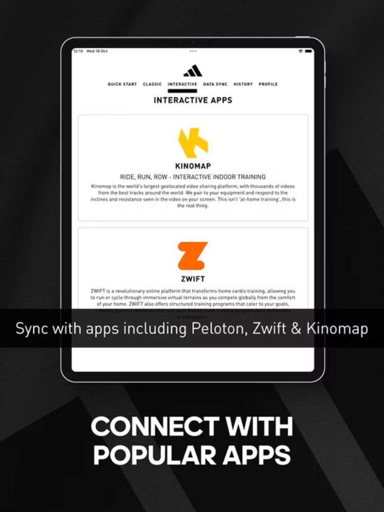 Zwift, Peloton og Kinomap i Adidas Console+